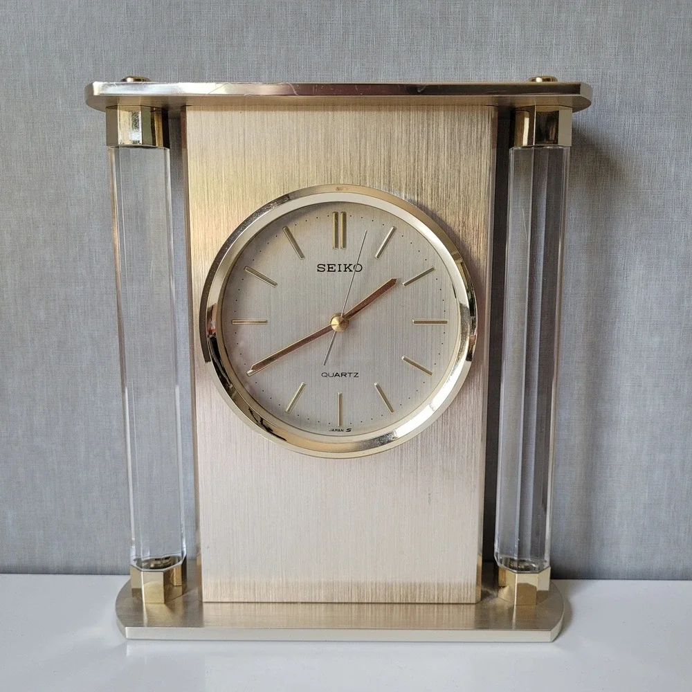 Vintage Seiko Quartz Desk Clock Lucite Pillars Gold Tone Mantel Clock MCM Japan